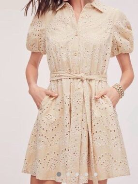 Sam Edelman Beige Eyelet Tie-Waist Mini Dress